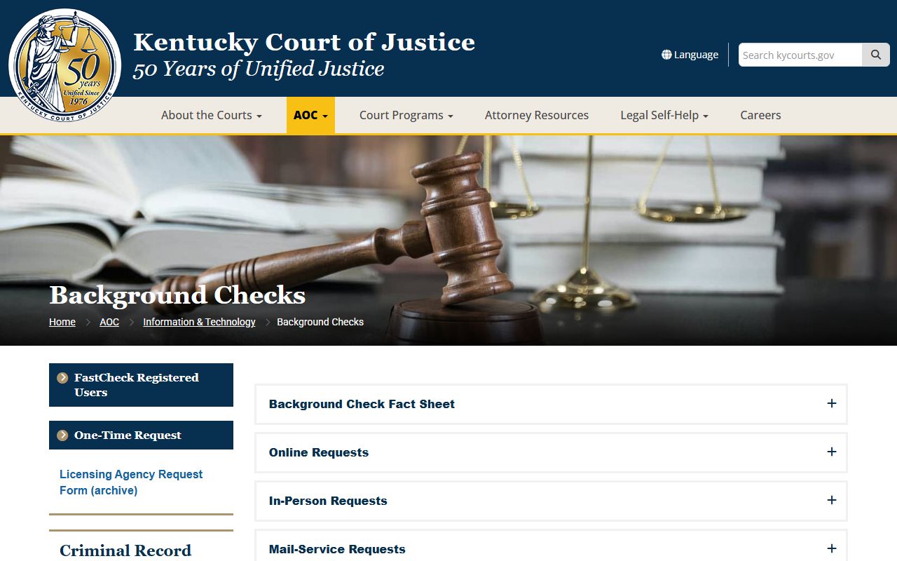 Kentucky AOC background checks page for statewide District and Circuit Court criminal-history reports