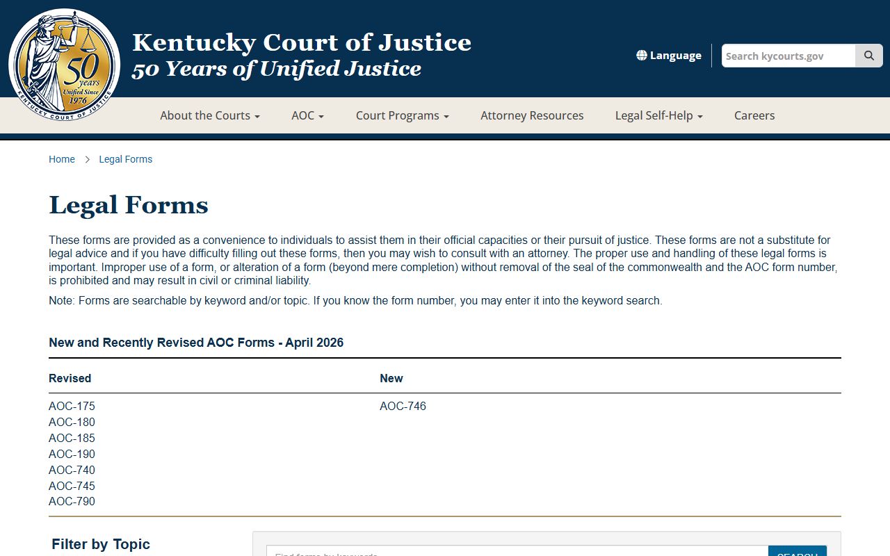 Kentucky Court of Justice legal forms page for statewide court forms used in Hickman County