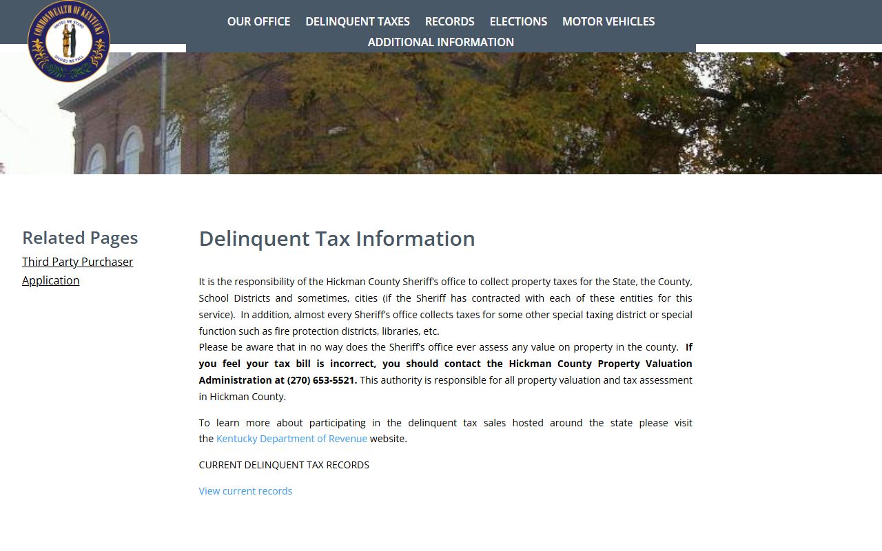 Hickman County Clerk delinquent tax page for local tax-record routing