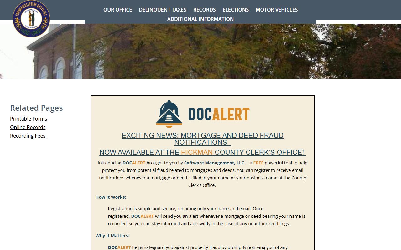 Hickman County Clerk online records page for land records and public terminals