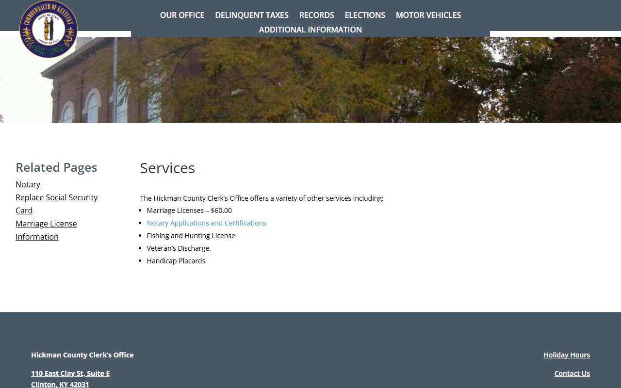 Hickman County Clerk additional services page for marriage licenses and other county services