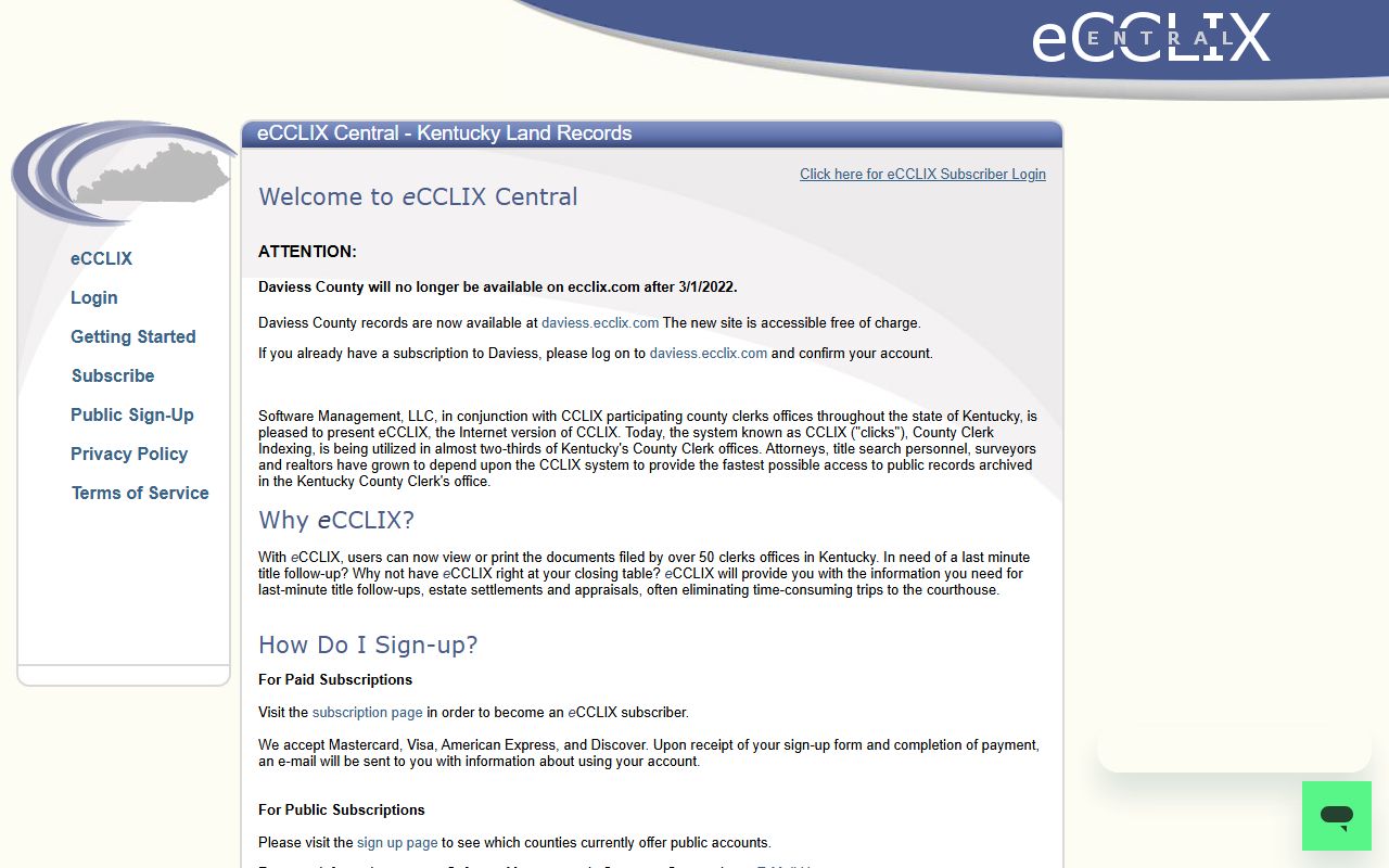 eCCLIX Central land-record portal used for Hickman County Clerk document access